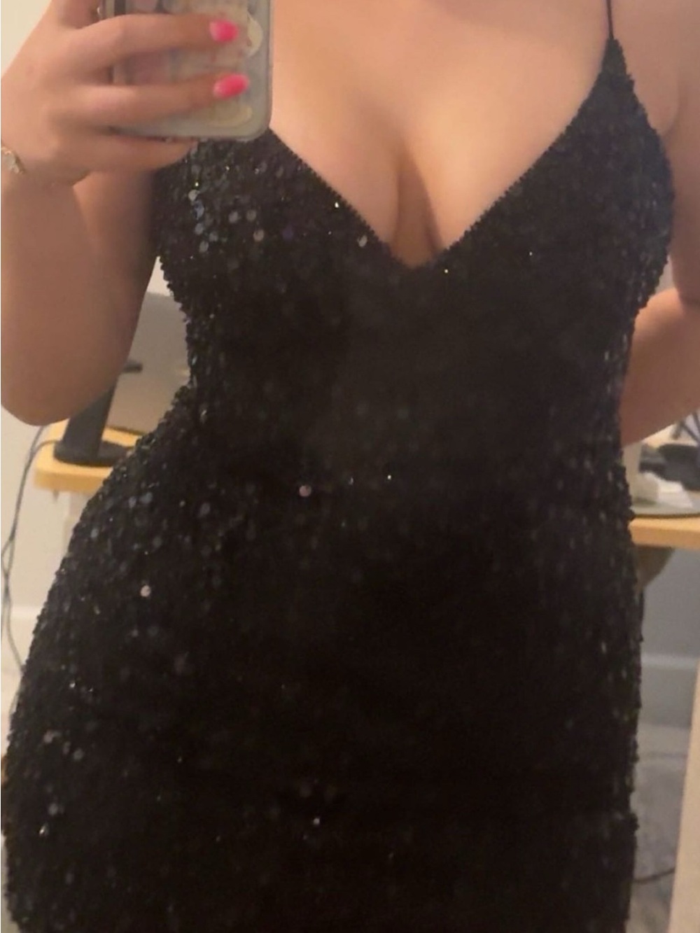 Gianni Bini Black Sequin V-Neck Spaghetti Strap Dress